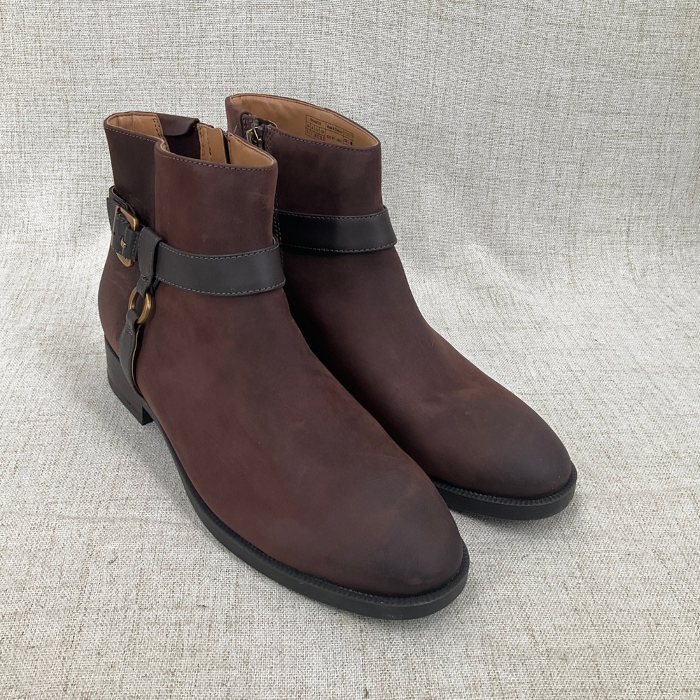 Vionic Rhiannon Ankle Boots Women 9.5 Brown Nubuck Leather Buckle‎ Low Heel